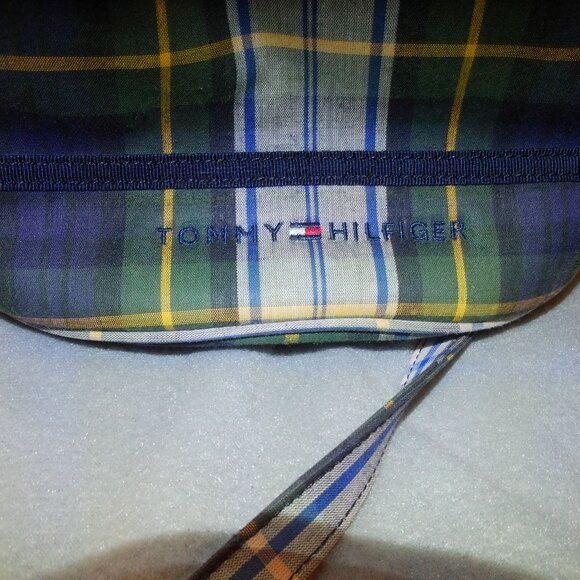 Vintage Tommy Hilfiger Plaid Drawstring Bucket Bag Purse Green Blue White - Picture 3 of 5